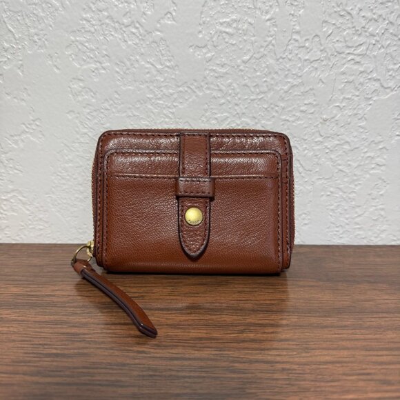 Fossil Fiona Zip Around Multifunction Wallet Coin Purse Brown Goat Leather - Picture 2 of 9